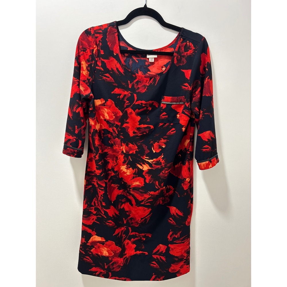 Merona Womens Red Navy Floral Shift Dress 3/4 Sleeve Pocket Small VN1055164